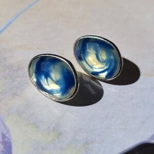 Vintage Glass Art Clip On Earrings Blue Swirl Oval Gorgeous